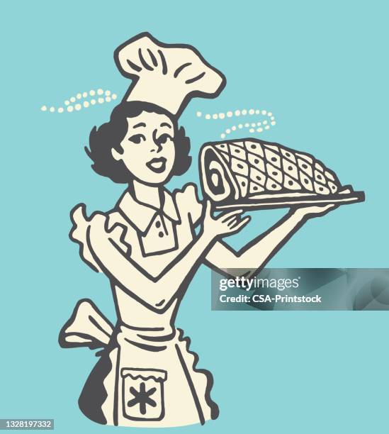 homemaker holding a ham - crown roast stock illustrations