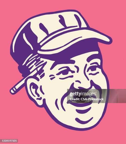 man wearing cap and pencil behind ear - carpenter pencil stock illustrations