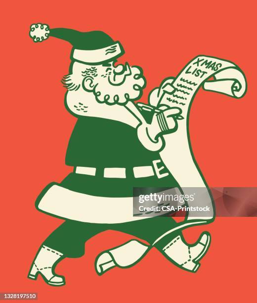 bildbanksillustrationer, clip art samt tecknat material och ikoner med santa claus checking his list - gladlynt