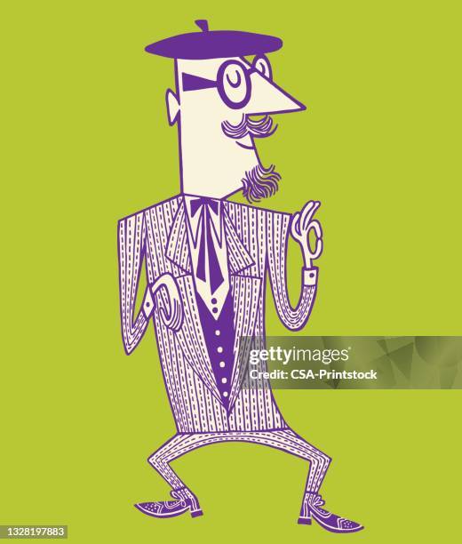 man with goatee wearing a beret and glasses - beat generation stock illustrations