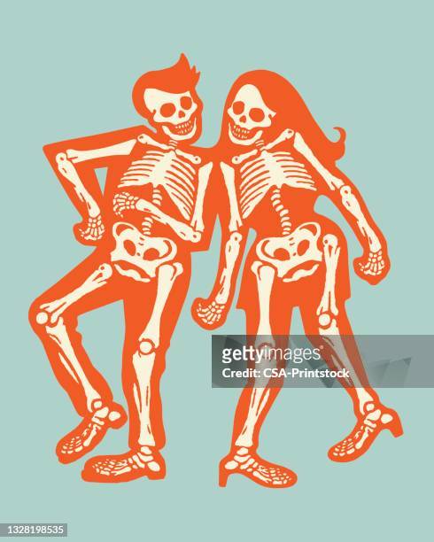ilustraciones, imágenes clip art, dibujos animados e iconos de stock de dos bailarines esqueleto - halloween party