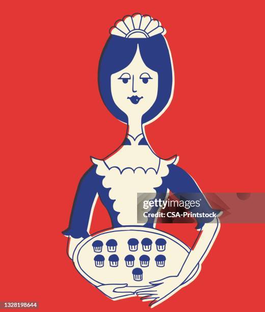 maid holding tray with cupcakes - muffin stock illustrations