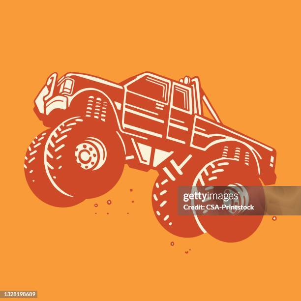 fliegende monster-truck - monstertruck stock-grafiken, -clipart, -cartoons und -symbole