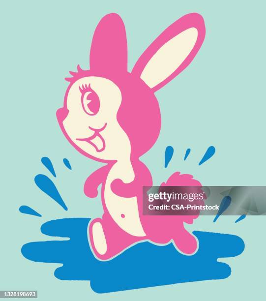 cute rabbit running through a puddle - puddle splashing stock illustrations