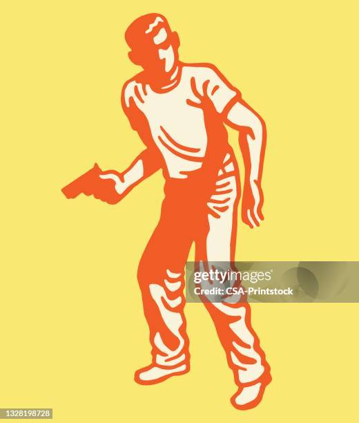 stockillustraties, clipart, cartoons en iconen met young man holding a handgun - hooligan