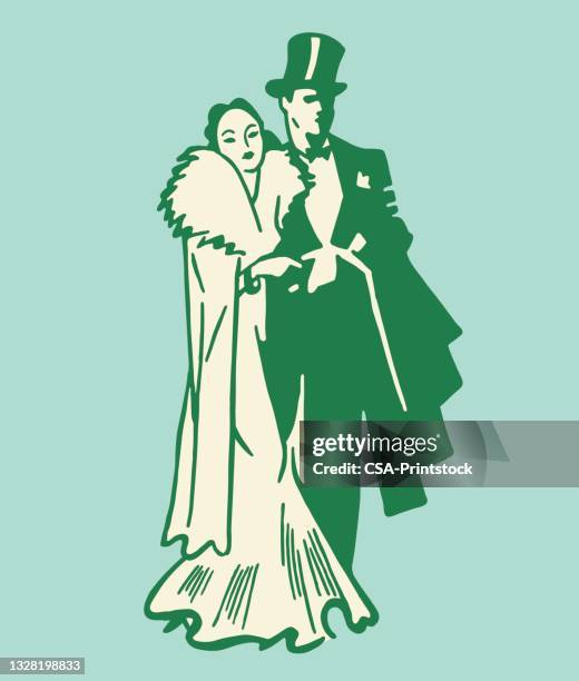 stockillustraties, clipart, cartoons en iconen met formal couple in gown and tuxedo - dress