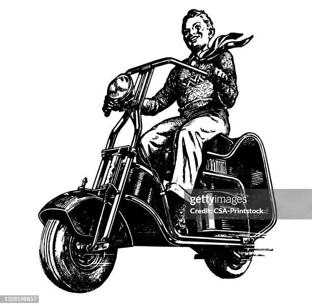 stockillustraties, clipart, cartoons en iconen met boy on motorbike - bromfiets