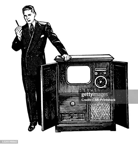 man with open television cabinet - cheesy salesman stock illustrations