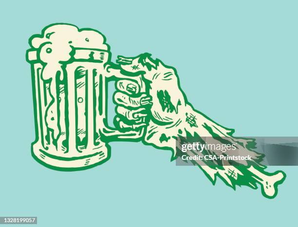 zombie hand holding a beer - zombie stock illustrations