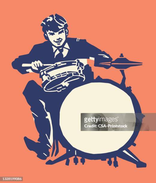 stockillustraties, clipart, cartoons en iconen met man playing a drum set - bass drum