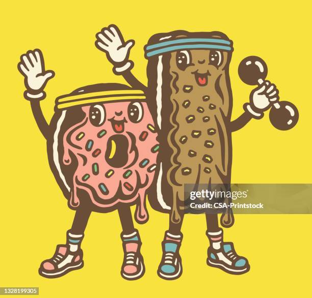 frosted donuts working out - sweating gym stock illustrations