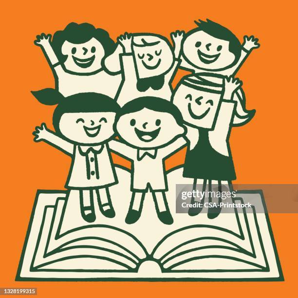 glückliche kinder auf offenes buch - hausaufgaben mädchen stock-grafiken, -clipart, -cartoons und -symbole