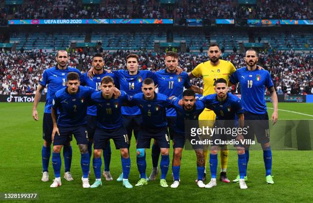 Players of Italy pose for a team photograph prior to the UEFA Euro 2020 Championship Final between Italy and England at Wembley Stadium on July 11,...