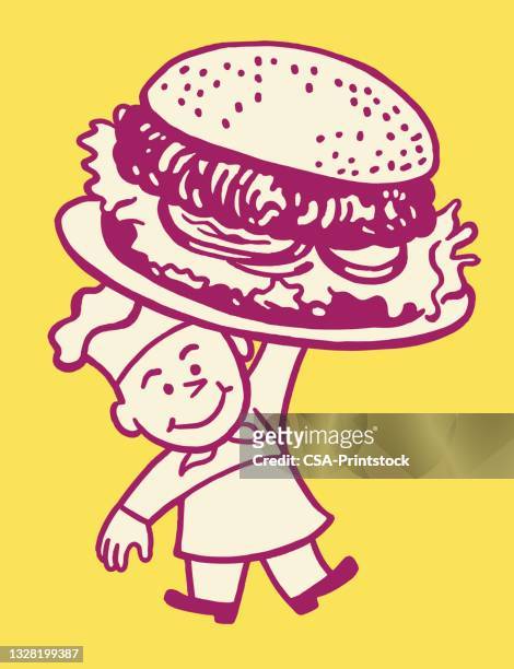 illustrations, cliparts, dessins animés et icônes de chef tenant un hamburger géant - cheeseburger