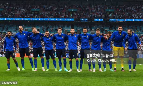 Players of Italy sing the national anthem prior to the UEFA Euro 2020 Championship Final between Italy and England at Wembley Stadium on July 11,...