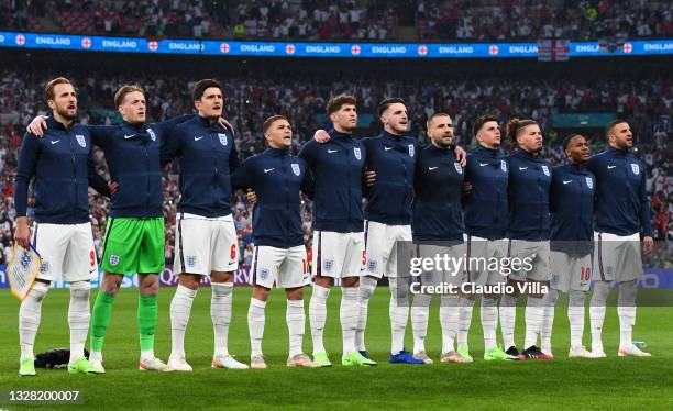 England players line up for the national anthem prior to the UEFA Euro 2020 Championship Final between Italy and England at Wembley Stadium on July...