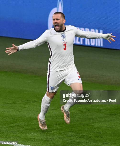 Luke Shaw of England celebrates after scoring their team's first goal during the UEFA Euro 2020 Championship Final between Italy and England at...