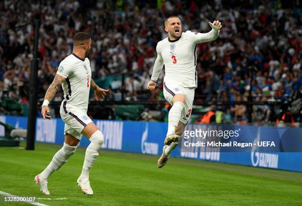 Luke Shaw of England celebrates after scoring their side's first goal during the UEFA Euro 2020 Championship Final between Italy and England at...