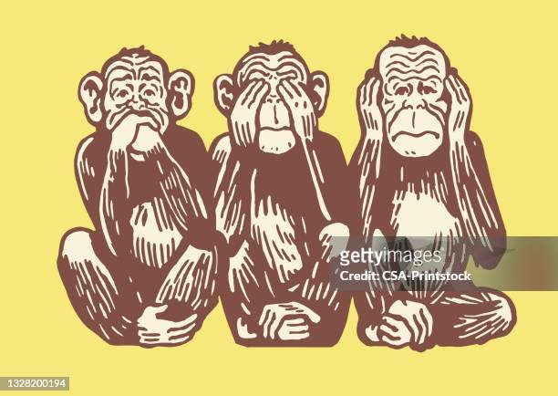 three monkeys - hear no evil stock illustrations