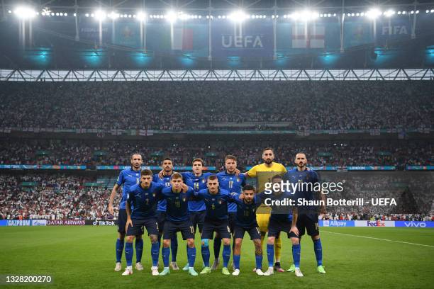 The Italy players pose for a team photo prior to the UEFA Euro 2020 Championship Final between Italy and England at Wembley Stadium on July 11, 2021...