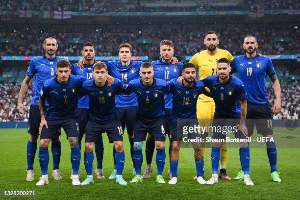 The Italy players pose for a team photo prior to the UEFA Euro 2020 Championship Final between Italy and England at Wembley Stadium on July 11, 2021...