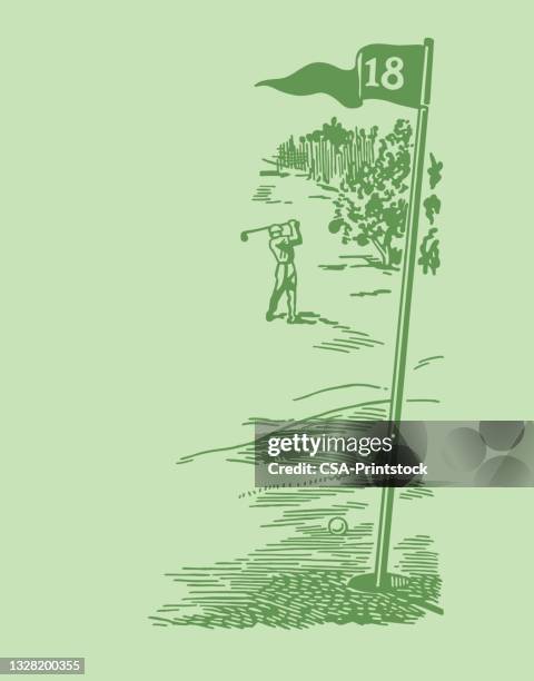 ilustraciones, imágenes clip art, dibujos animados e iconos de stock de golfista en el decimoctavo hoyo - golf