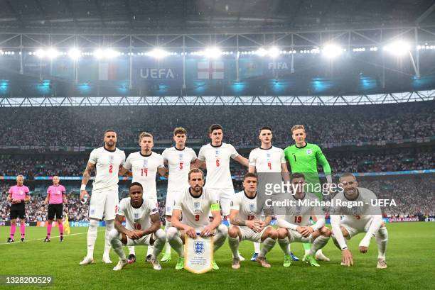 The England team line up prior to the UEFA Euro 2020 Championship Final between Italy and England at Wembley Stadium on July 11, 2021 in London,...