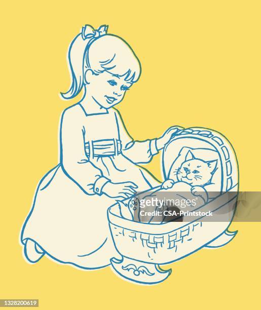 girl rocking a cat in a cradle - rock baby sleep stock illustrations