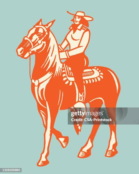 ilustrações de stock, clip art, desenhos animados e ícones de woman riding a horse - vaqueira