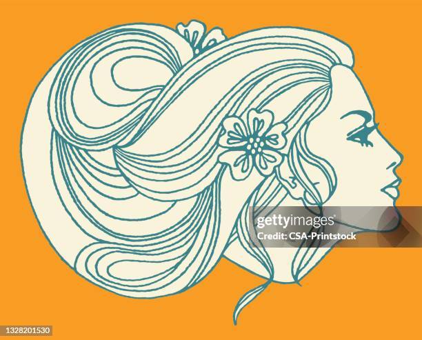 frau mit langen fließenden haaren - haar stock-grafiken, -clipart, -cartoons und -symbole