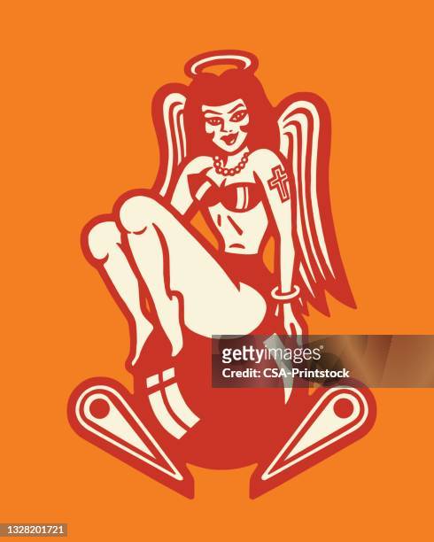 angel sitting on a pinball - pin up girl tattoo stock illustrations