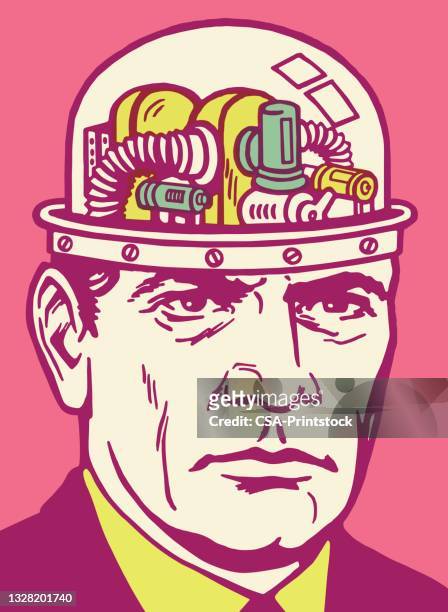stockillustraties, clipart, cartoons en iconen met man with mechanical brain - helm