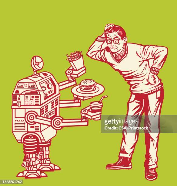 roboter, der einem mann fast food anbietet - nahrungsmittelindustrie stock-grafiken, -clipart, -cartoons und -symbole