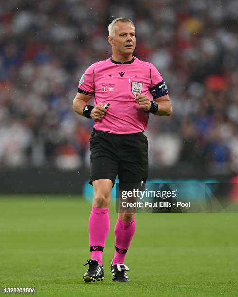 Match Referee, Bjoern Kuipers looks on during the UEFA Euro 2020 Championship Final between Italy and England at Wembley Stadium on July 11, 2021 in...