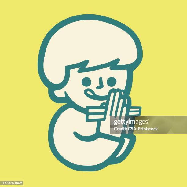 hungry child holding chopsticks - kid licking stock illustrations