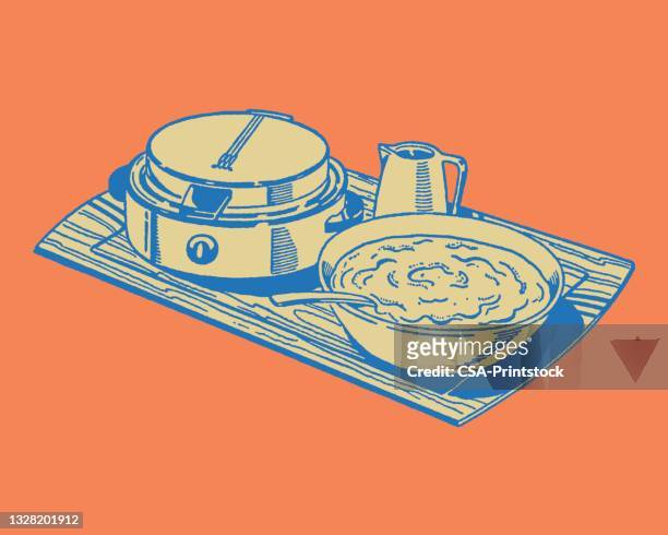 tray with bowl of soup, kettle and cooking pan - soup bowl illustration stock illustrations