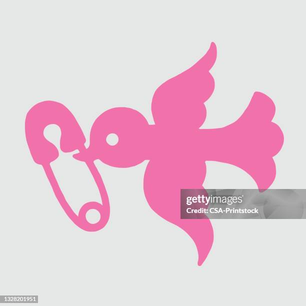 bird carrying a safety pin - baby logo stock illustrations