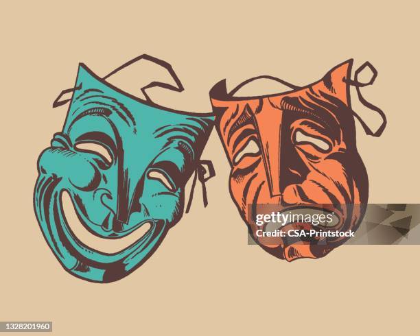 illustrazioni stock, clip art, cartoni animati e icone di tendenza di due maschere teatrali, simbolo commedia e dramma - theatrical masks