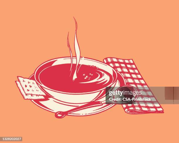 hot soup bowl - broth stock illustrations