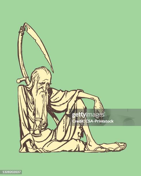 old man with hourglass and scythe, passing time symbol - father time stock illustrations