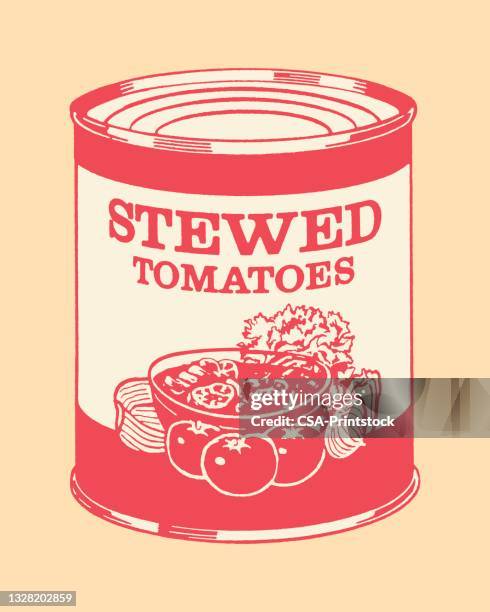 versiegelte dose mit gedünssten tomaten - lebensmittel in dosen stock-grafiken, -clipart, -cartoons und -symbole