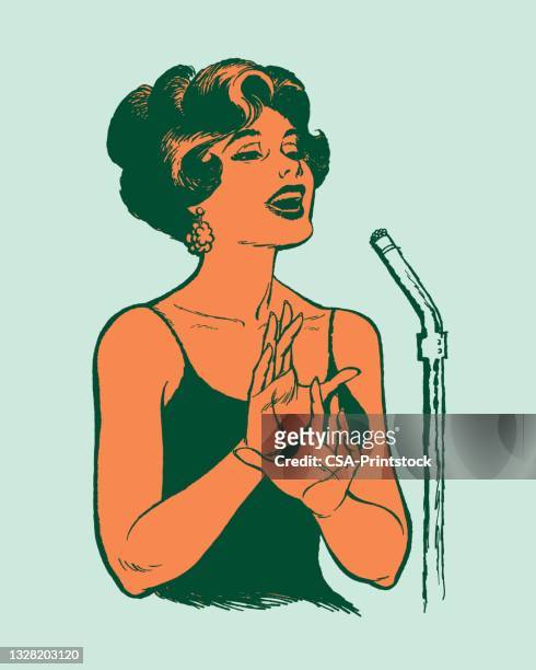 stockillustraties, clipart, cartoons en iconen met illustration of female singer in front of microphone - pop music