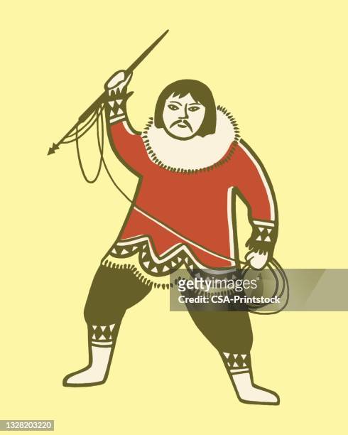 ilustraciones, imágenes clip art, dibujos animados e iconos de stock de hombre inuit sosteniendo arpón - inuit