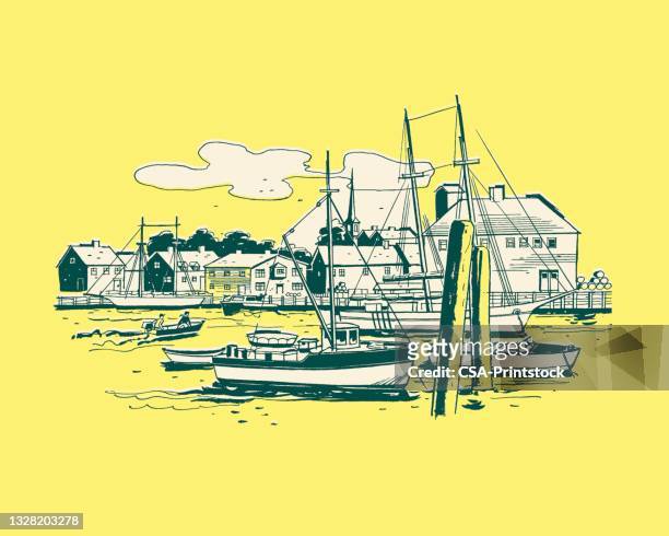 illustration of harbor - sailing boat stock illustrations