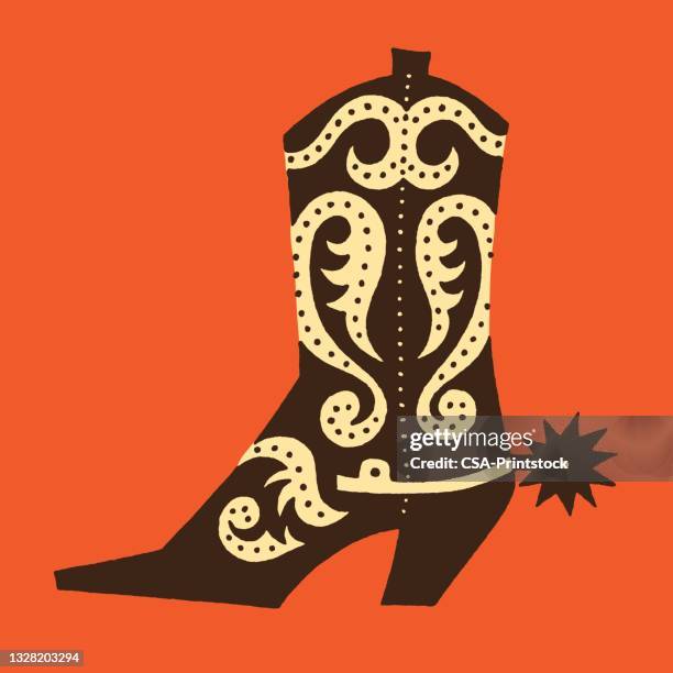 ansicht des stiefels mit ornamenten und sporn - cowboy boot stock-grafiken, -clipart, -cartoons und -symbole