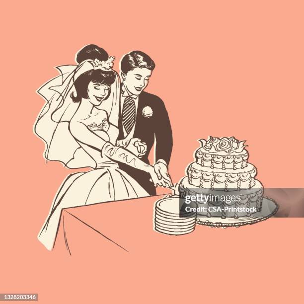 braut und bräutigam schneiden hochzeitstorte - wedding dress stock-grafiken, -clipart, -cartoons und -symbole