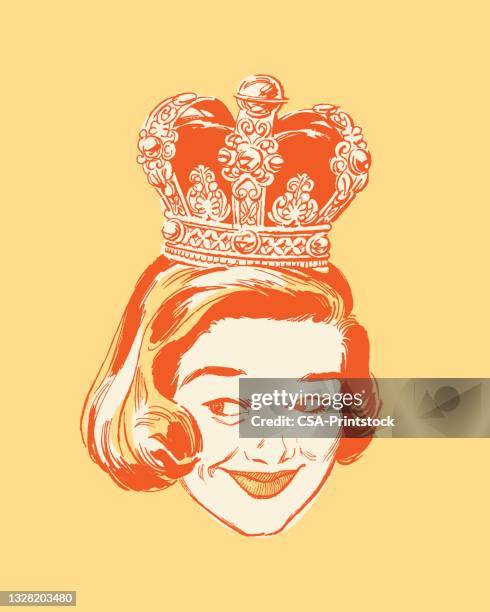 smiling woman wearing crown - queens head stock illustrations
