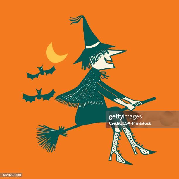 illustration of witch flying on broom - two animals stock illustrations