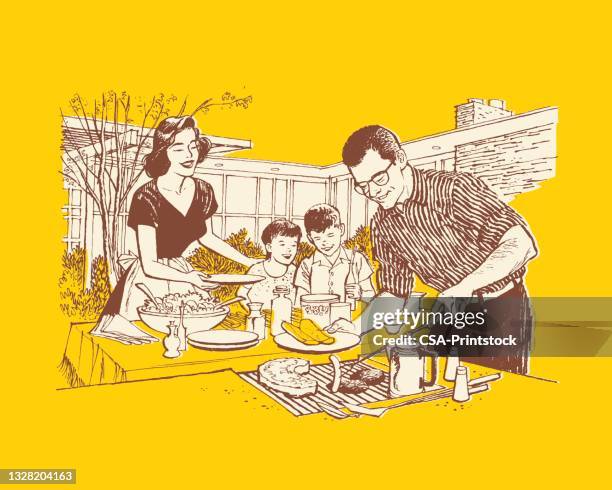 illustration of family having barbecue - family backyard stock illustrations