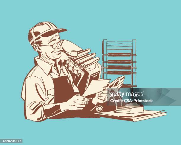 man sitting at desk reading document while smoking pipe - reading glasses vector stock illustrations